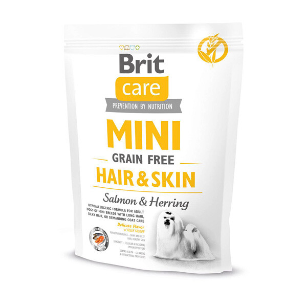 Сухий беззерновий корм Brit Care Mini GF Hair&Skin для собак мініатюрних порід (лосось та оселедець)