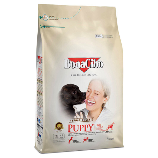 BonaCibo Puppy High Energy сухий корм для активних цуценят всіх порід (м’ясо курки, анчоуси та рис)
