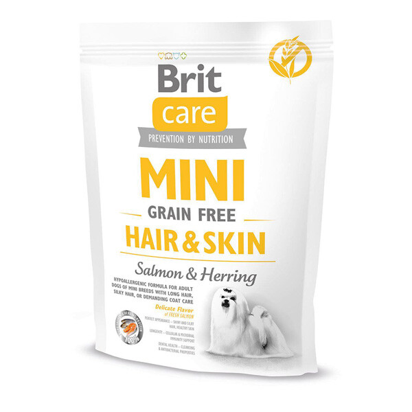 Сухий беззерновий корм Brit Care Mini GF Hair&Skin для собак мініатюрних порід (лосось та оселедець) 400 г