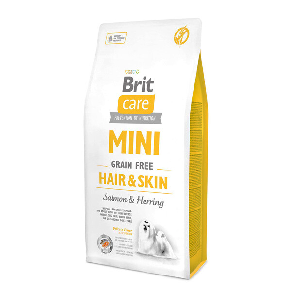 Сухий беззерновий корм Brit Care Mini GF Hair&Skin для собак мініатюрних порід (лосось та оселедець) 7 кг