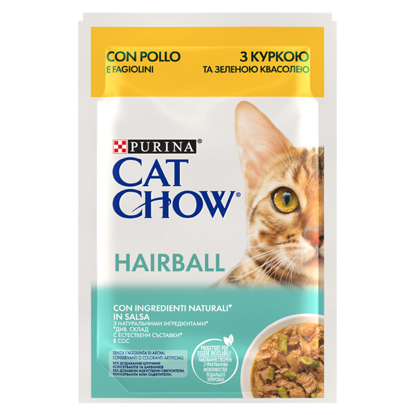 Cat Chow Hairball Вологий корм для виведення шерсті (курка та зелена квасоля) 85 г