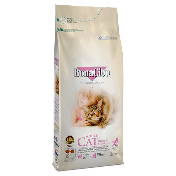 BonaCibo Adult Cat Light & Sterilised сухий корм для стерилізованих котів та котів із зайвою вагою (м'ясо курки, анчоуси та рис) 2 кг