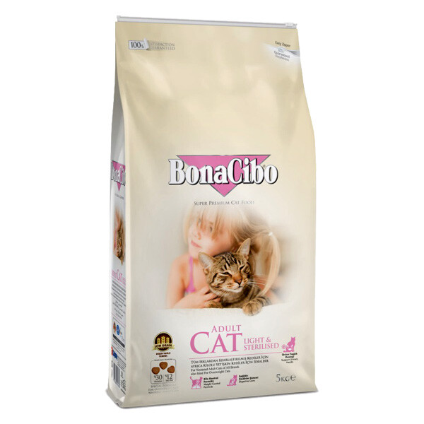 BonaCibo Adult Cat Light & Sterilised сухий корм для стерилізованих котів та котів із зайвою вагою (м'ясо курки, анчоуси та рис) 5 кг