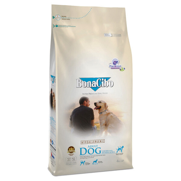 BonaCibo Adult Dog сухий корм для собак всіх порід (м'ясо курки, анчоуси та рис) 4 кг