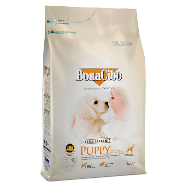 BonaCibo Puppy сухий корм для цуценят всіх порід (м’ясо курки, анчоуси та рис) 3 кг