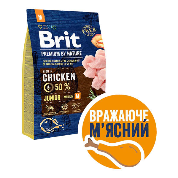 Brit Premium Junior M Сухий корм для цуценят і молодих собак середніх порід (курка) 3 кг