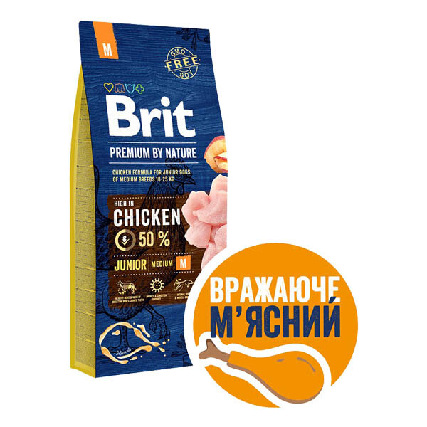 Brit Premium Junior M Сухий корм для цуценят і молодих собак середніх порід (курка) 15 кг