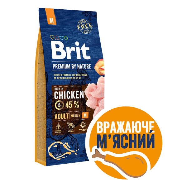 Brit Premium Adult M Сухий корм для дорослих собак середніх порід (курка) 15 кг
